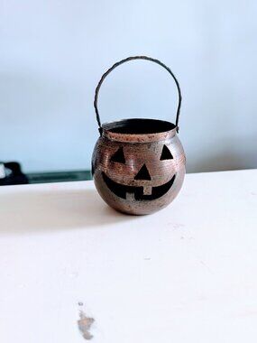 VTG Hosley USA Metal Jack-O'-Lantern Tealight Candle Holder Copper Halloween